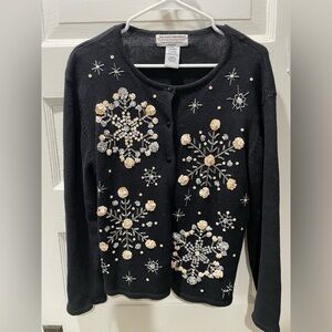 Embellished Black Sweater with Snowflake Design, Petite Large